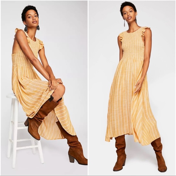 FREE PEOPLE Yellow Chambray Butterflies Midi Dress size XL - Picture 12 of 12